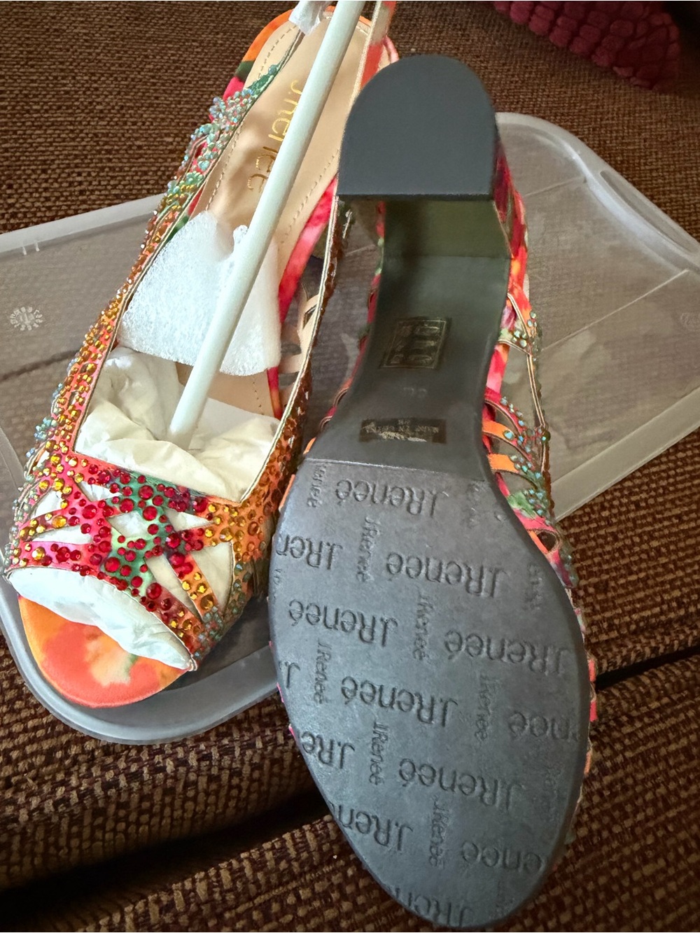 J.Renee Multicolored Jeweled Open-Toe Heels in Orange and Pink